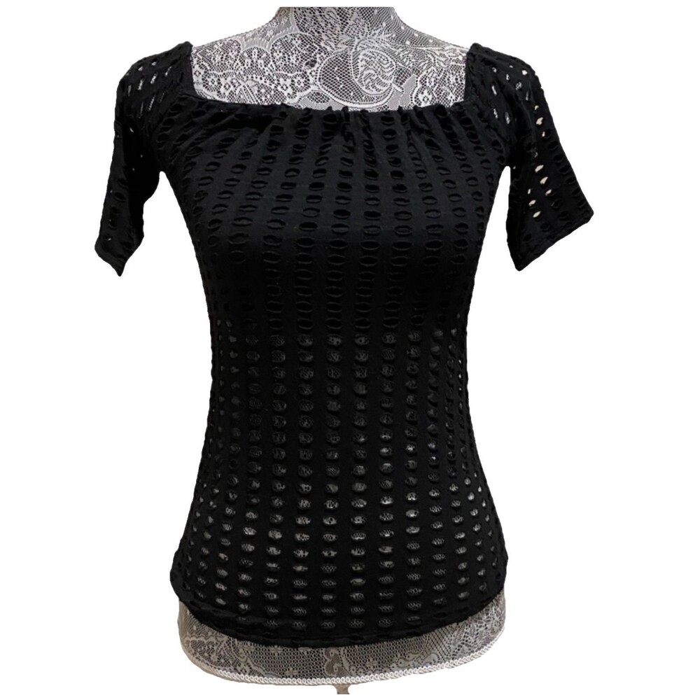 Kendall Kylie S Black Eyelet Mesh Top Square Neck Short Sleeve Stretch Blouse